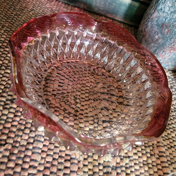 2pc Indiana Glass Ruby Flash Diamond Point~Dish & Footed Bowl - Picture 7 of 10